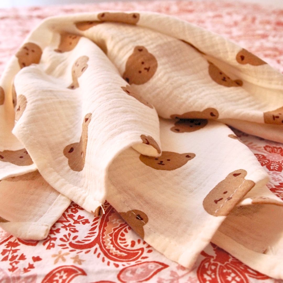 XL Musselin-Wickeltuch aus Baumwollgaze mit Teddybär-Motiv